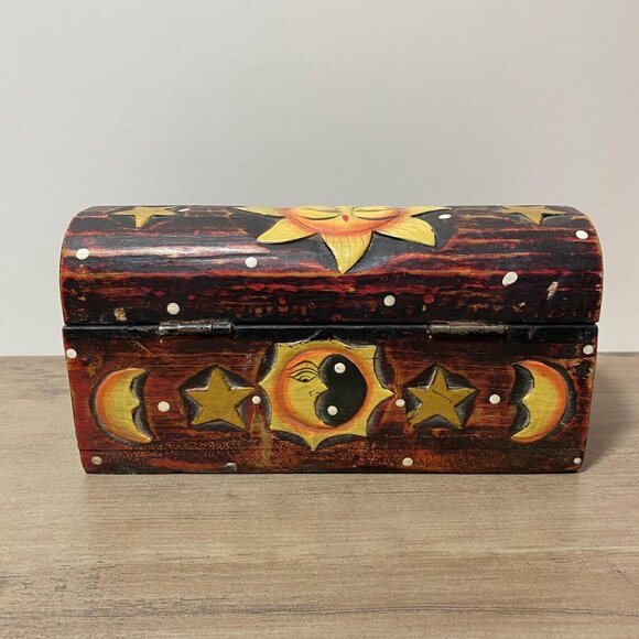 Vintage Celestial Wooden Box Sun, Moon & Stars Yin-Yang 1990s Home Decor - Picture 8 of 8